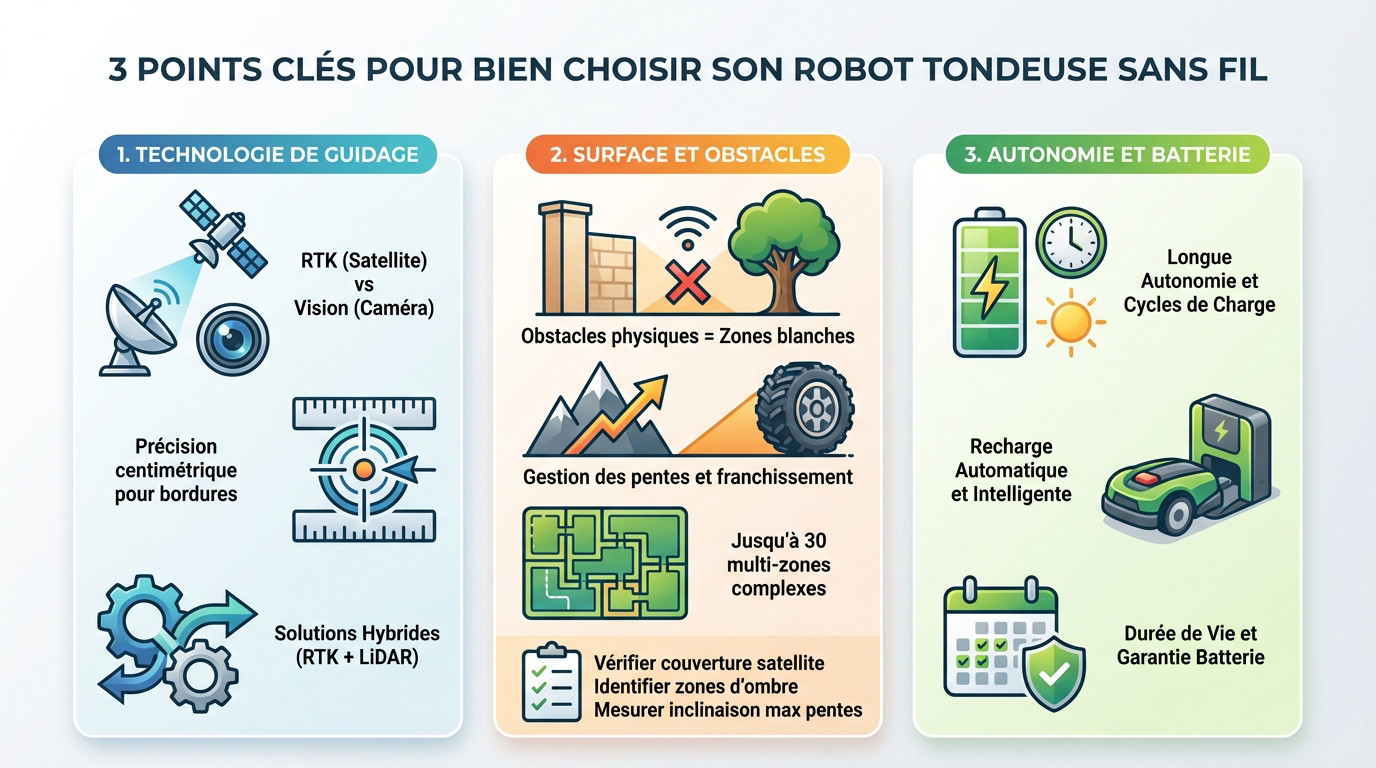 Illustration des critères de choix pour un robot tondeuse sans fil