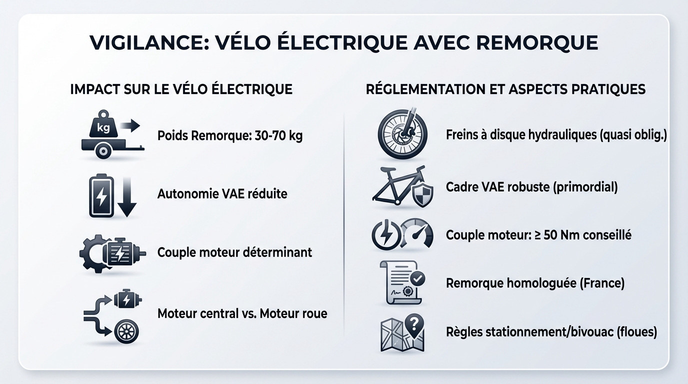 Cycliste vérifiant l'attelage de sa caravane pour vélo électrique avant le départ
