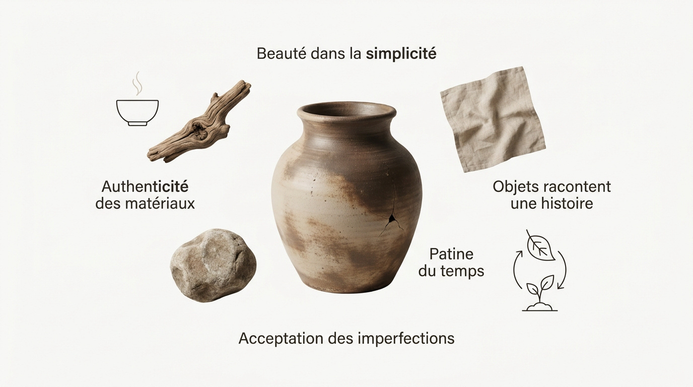 Infographie expliquant les principes du Wabi-Sabi et la beauté de l'imperfection dans la décoration japonaise