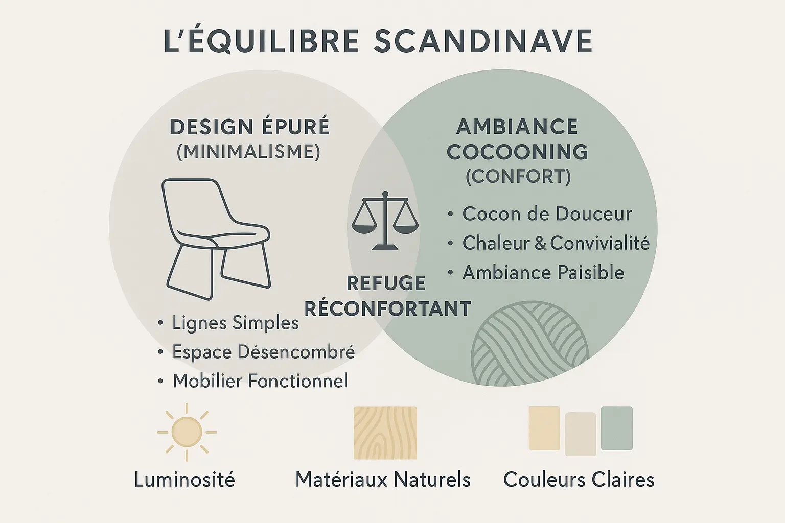 Chambre scandinave moderne avec murs clairs et textures naturelles