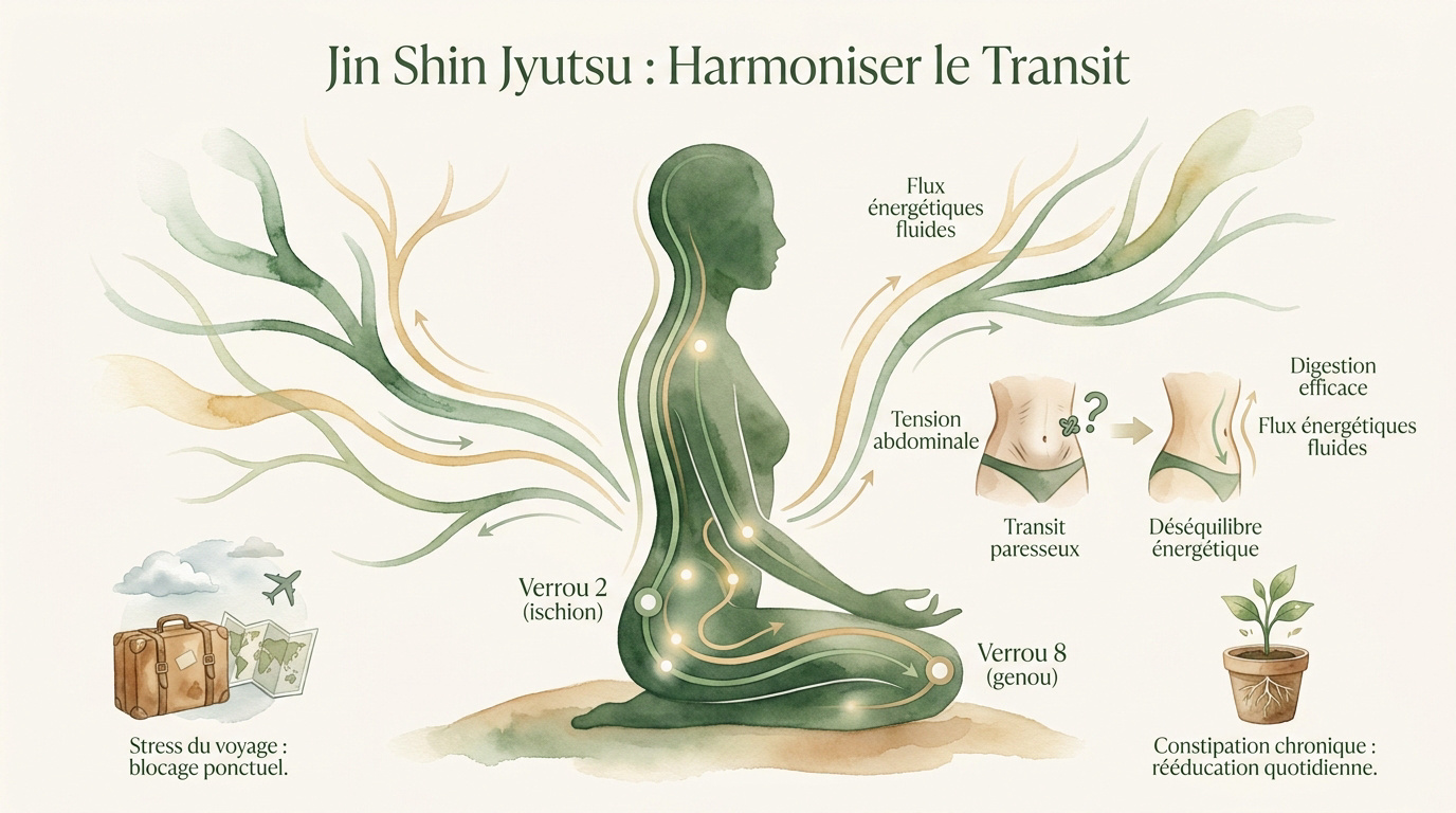 Pratique du Jin Shin Jyutsu pour harmoniser le transit intestinal par acupression douce
