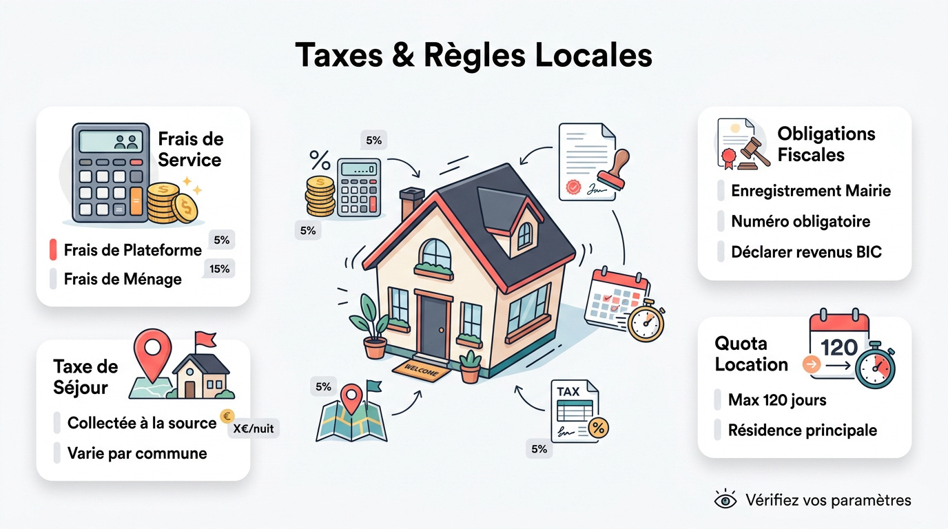 Illustration des taxes et réglementations pour la location Airbnb en 2026