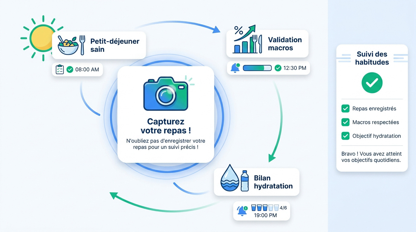Interface mobile de suivi nutritionnel avec notifications push pour coach sportif