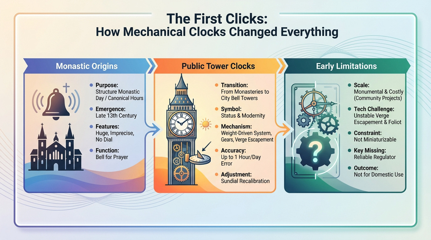 Illustration of an early mechanical clock mechanism with gears and weights inside a stone tower