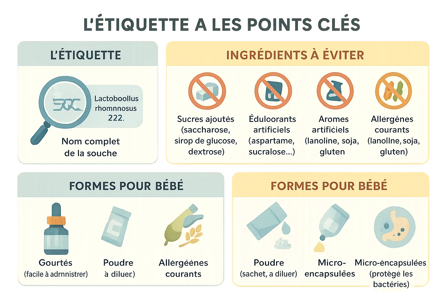 Illustration montrant différentes formes de probiotiques pour bébé avec des pictogrammes d'ingrédients à éviter