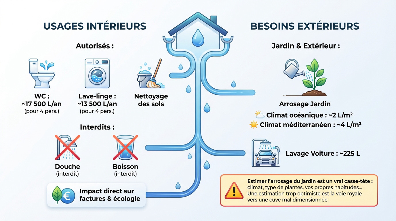 Schéma illustrant les usages intérieurs et extérieurs de la collecte d'eau de pluie pour une maison écologique