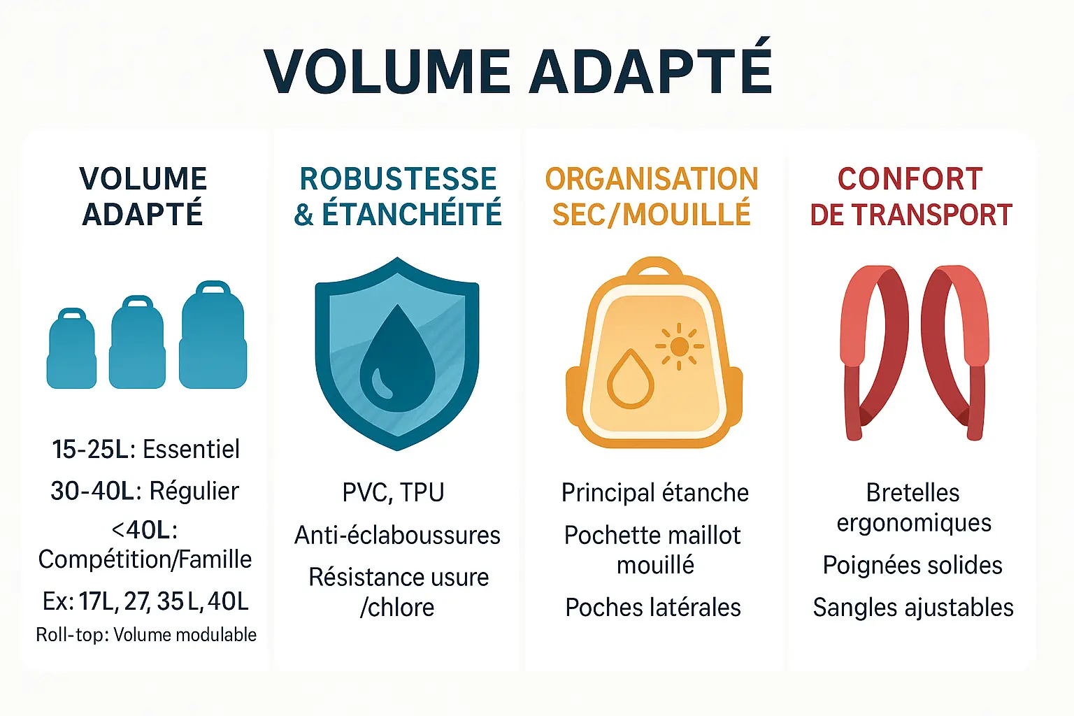 Illustration des critères de choix d'un sac étanche pour piscine