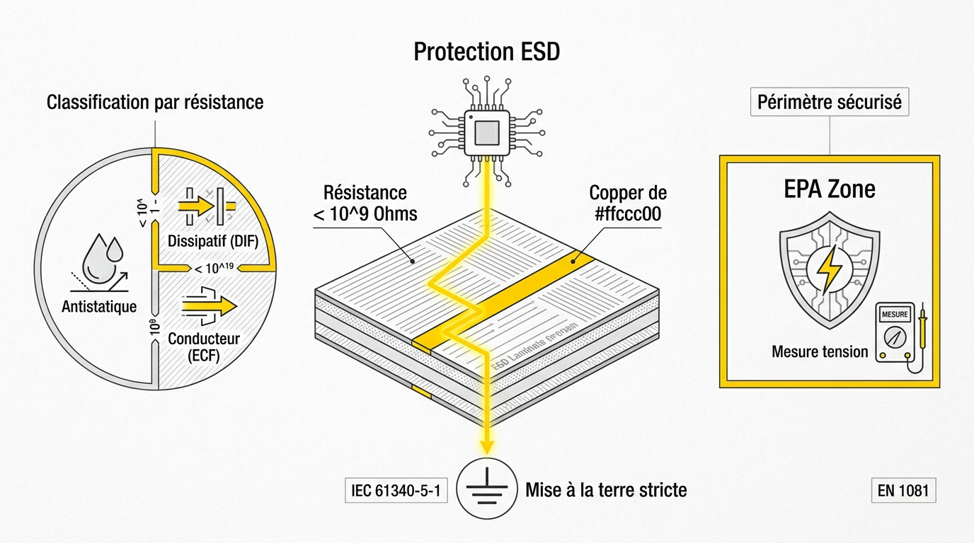 Infographie sur les normes de sol ESD et les niveaux de résistance électrique