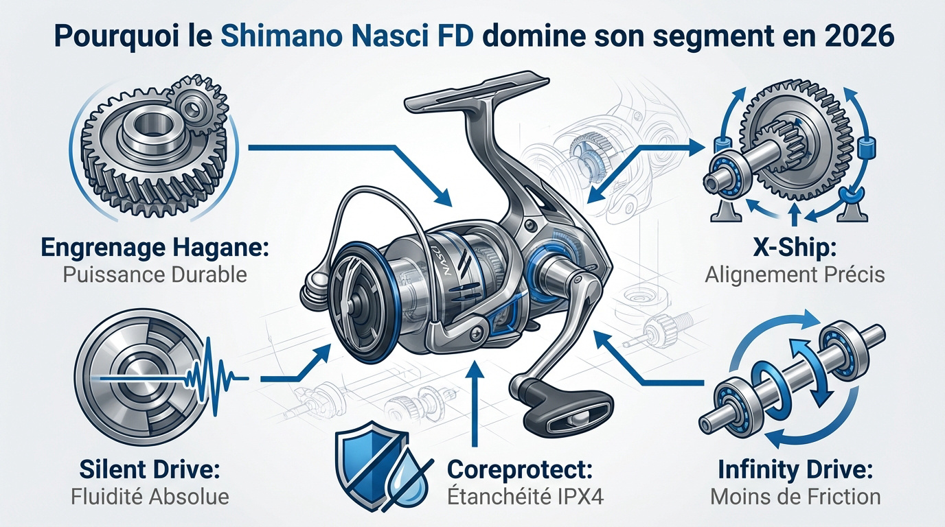Le moulinet Shimano Nasci FD 2026 avec ses technologies Hagane et Silent Drive