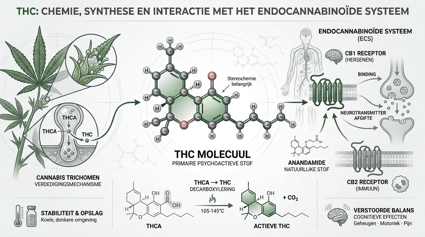 Chemische structuur van THC en interactie met het menselijk endocannabinoïdesysteem