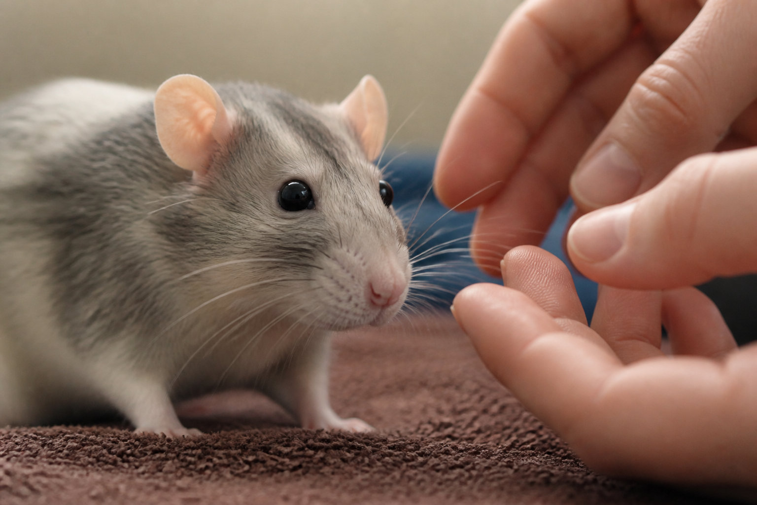 Rat interagissant avec la main d'un praticien lors d'une séance de massage