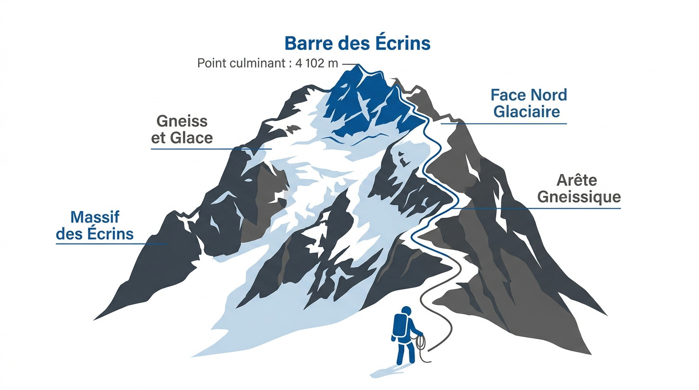Infographie de l'ascension de la Barre des Écrins montrant les itinéraires glaciaires et rocheux