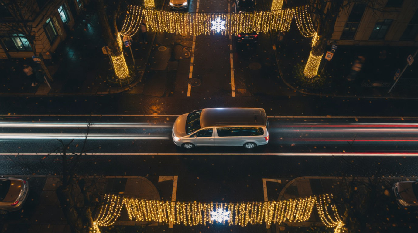 Vue aérienne nuit ville lumières voiture