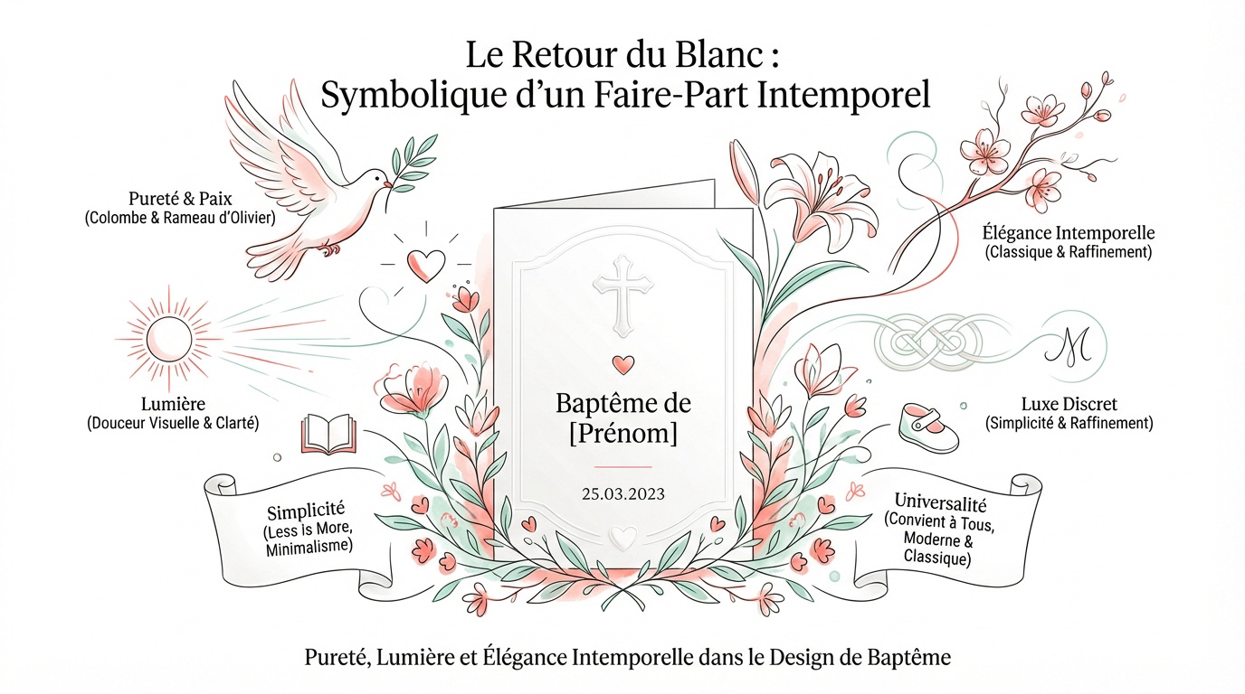 Faire-part de baptême blanc minimaliste avec symboles de colombe et dorure fine
