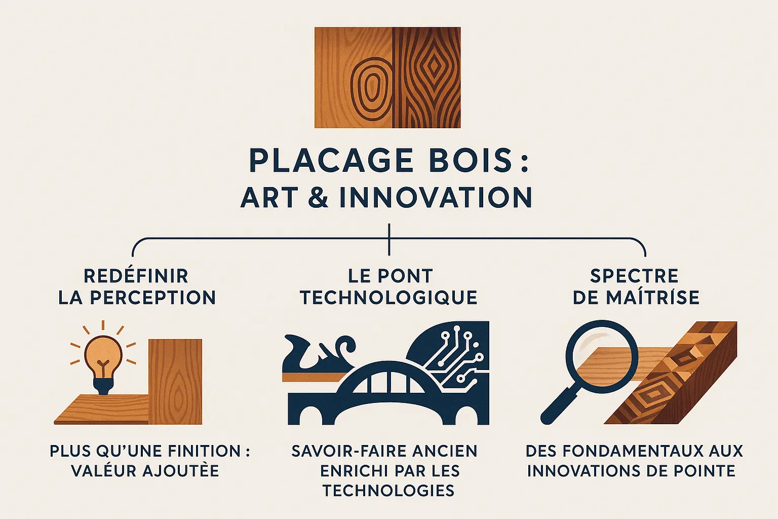 Infographie sur les innovations du placage bois : techniques, durabilité et applications modernes