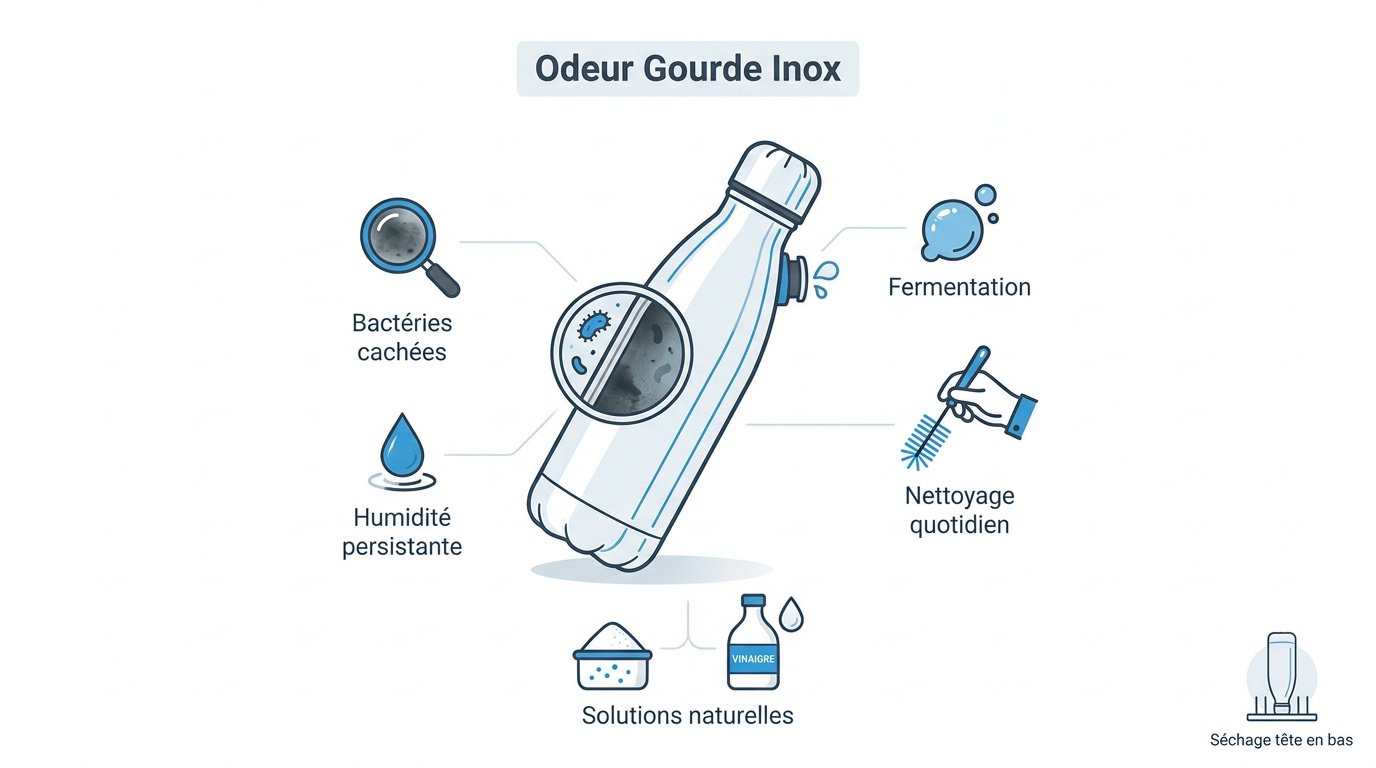 Nettoyage d'une gourde en inox avec du bicarbonate de soude pour enlever les odeurs