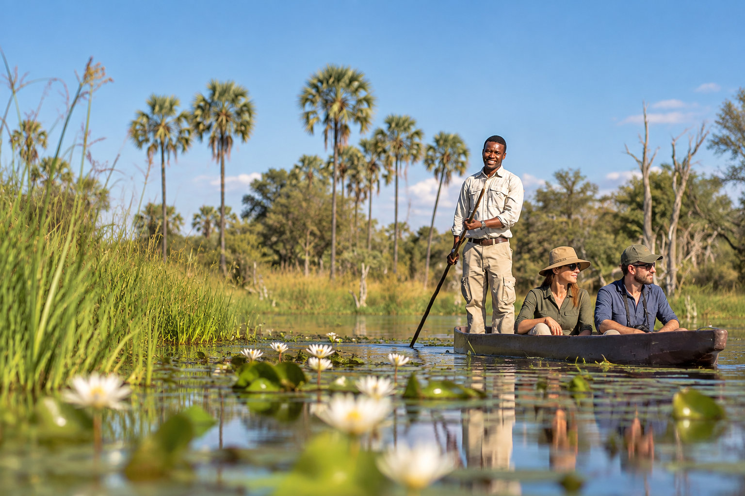 Un guide debout dans une pirogue fait avancer deux passagers sur un plan d’eau couvert de nénuphars, au milieu des roseaux et des palmiers.
