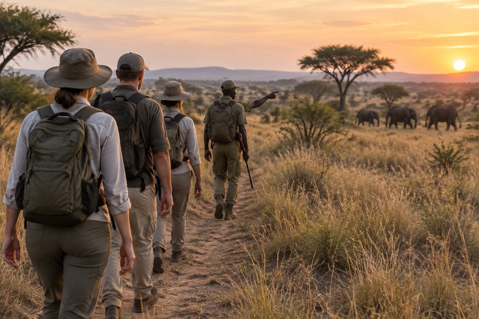 Quatre randonneurs avancent sur un sentier de savane au coucher du soleil, tandis qu’un guide désigne trois éléphants au loin.