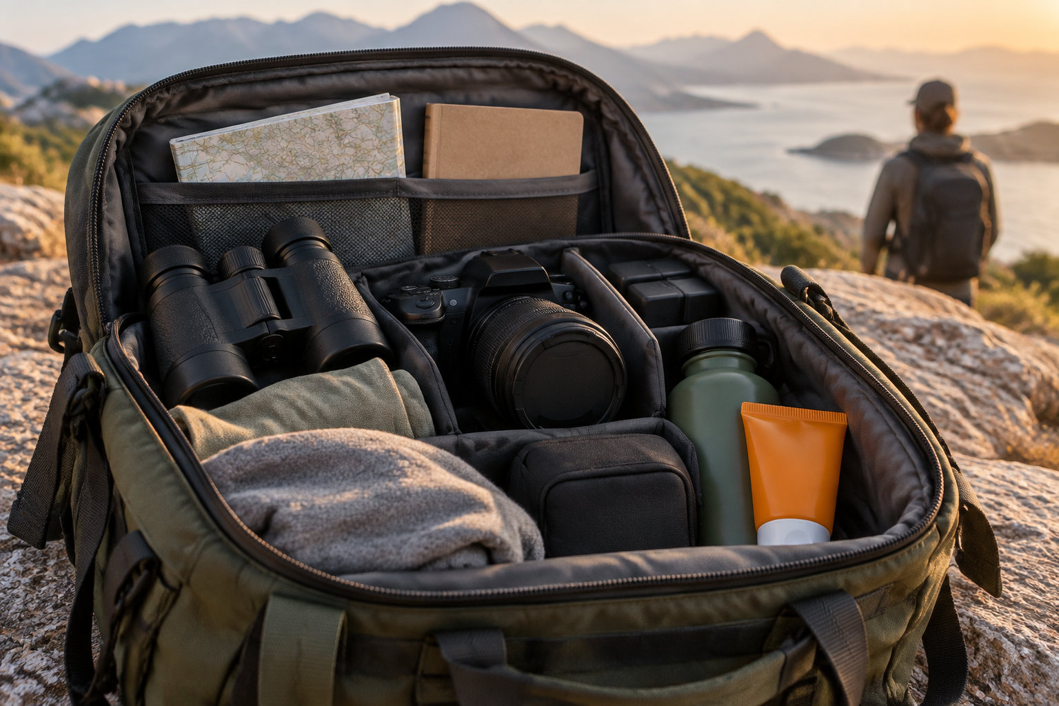 Un sac à dos ouvert contient des jumelles, un appareil photo, une carte, une gourde et d’autres affaires, tandis qu’une personne contemple un paysage montagneux au coucher du soleil.
