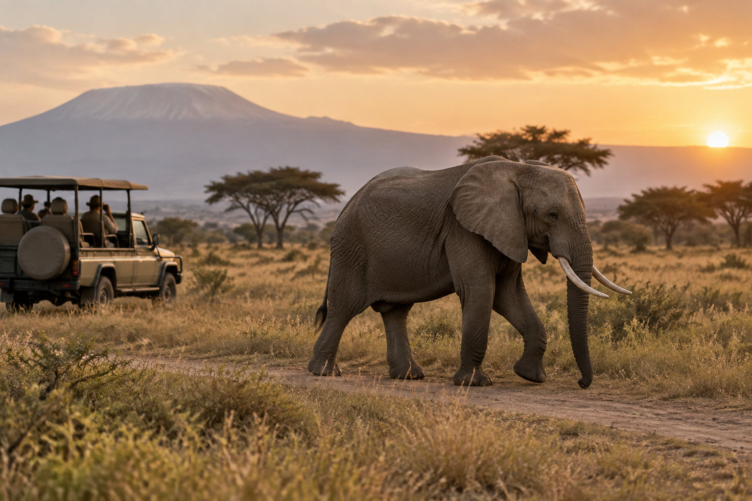 Un éléphant marche devant un véhicule de safari dans une savane au coucher du soleil, avec une montagne en arrière-plan.