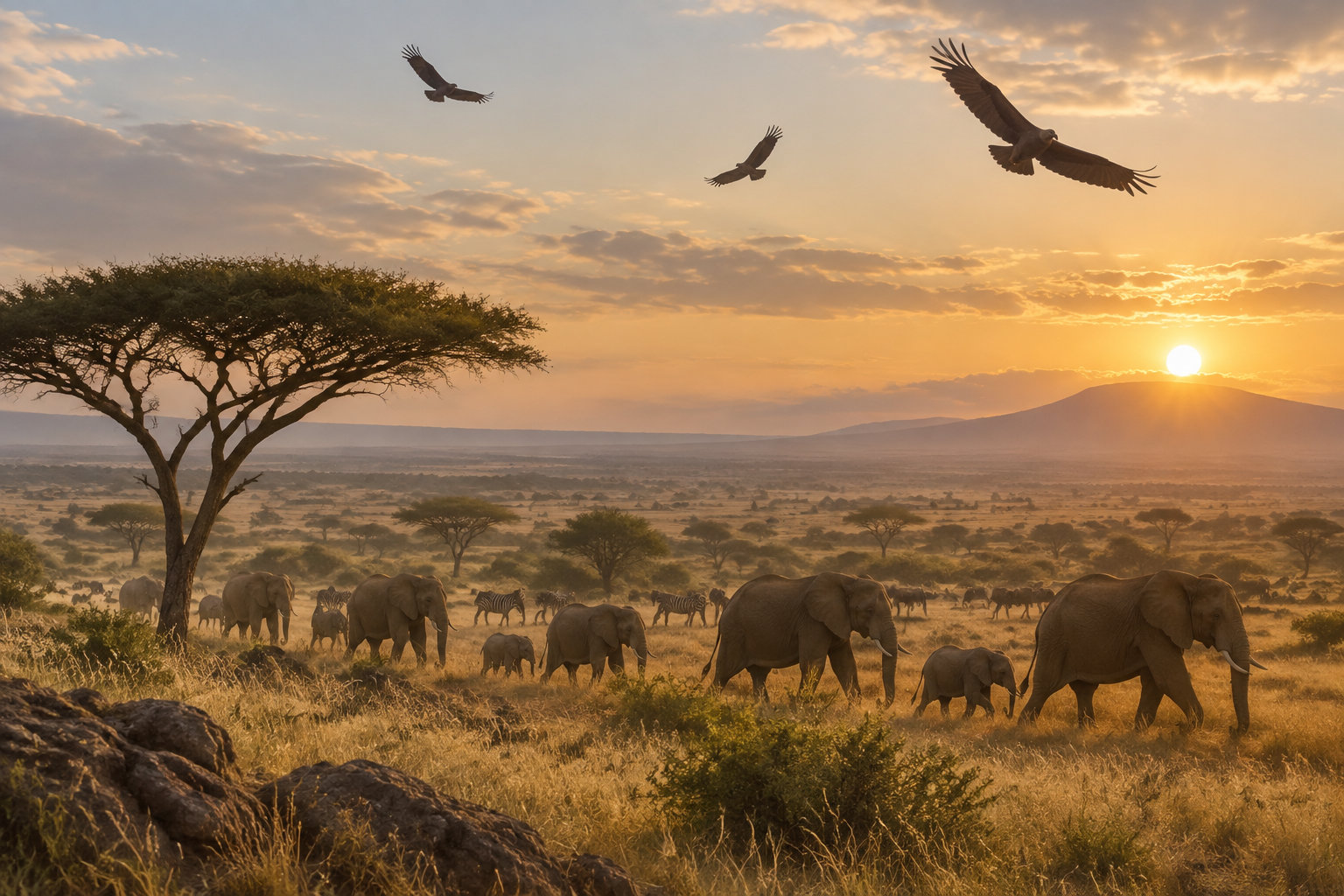 Des éléphants et des zèbres traversent une savane au coucher du soleil, tandis que trois oiseaux volent au-dessus d’un grand acacia.