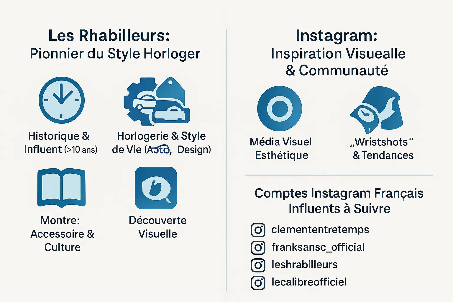 Illustration représentant l'intersection entre l'horlogerie et les réseaux sociaux, avec Les Rhabilleurs et Instagram comme piliers centraux
