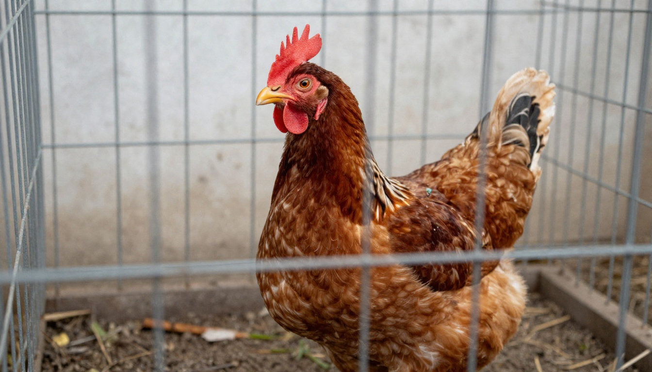 Poule dans un enclos grillagé