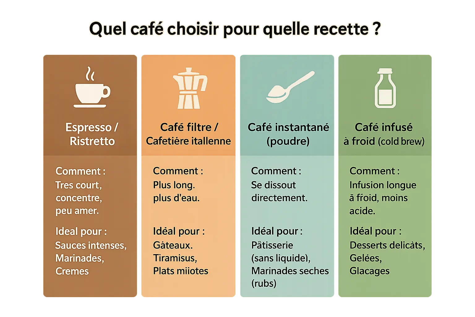 Illustration des différents types de cafés et leurs utilisations en cuisine