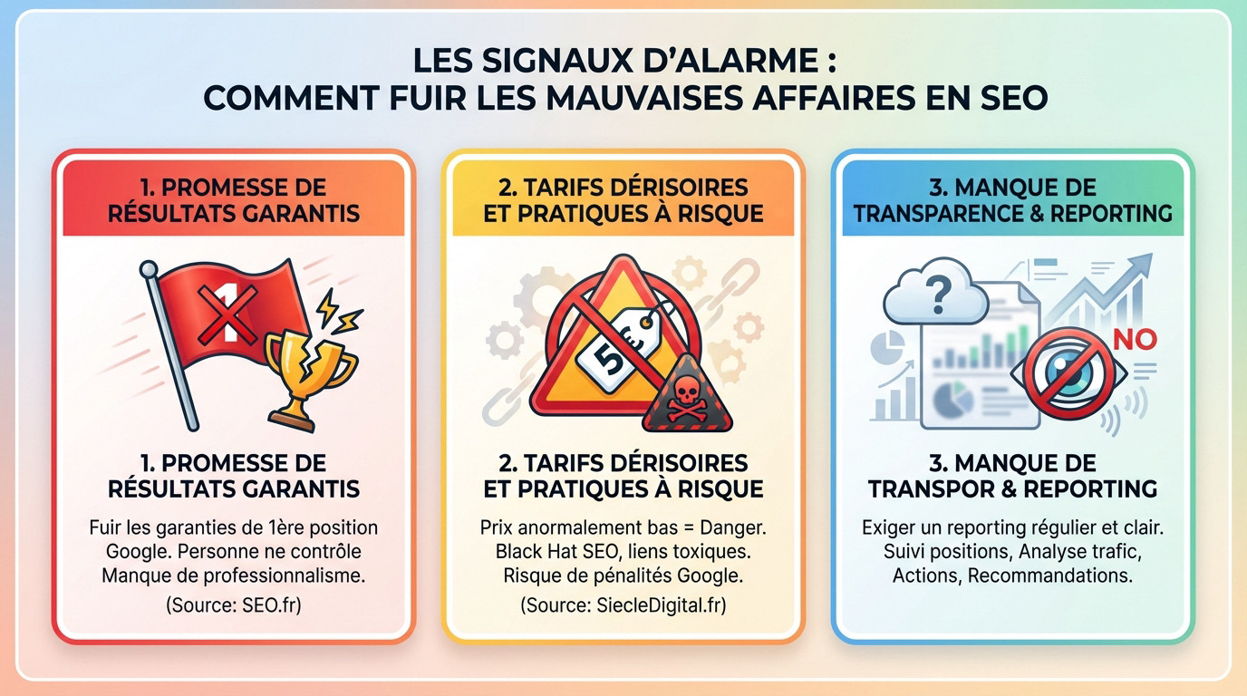 Illustration des signaux d'alerte pour éviter les arnaques d'une agence seo pas cher