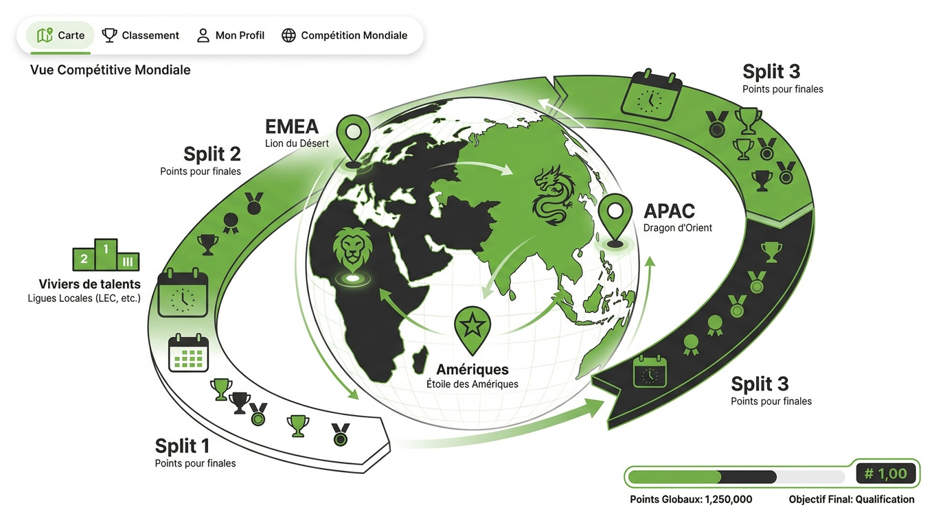 Carte mondiale des ligues e-sport League of Legends montrant les régions EMEA, APAC et Amériques