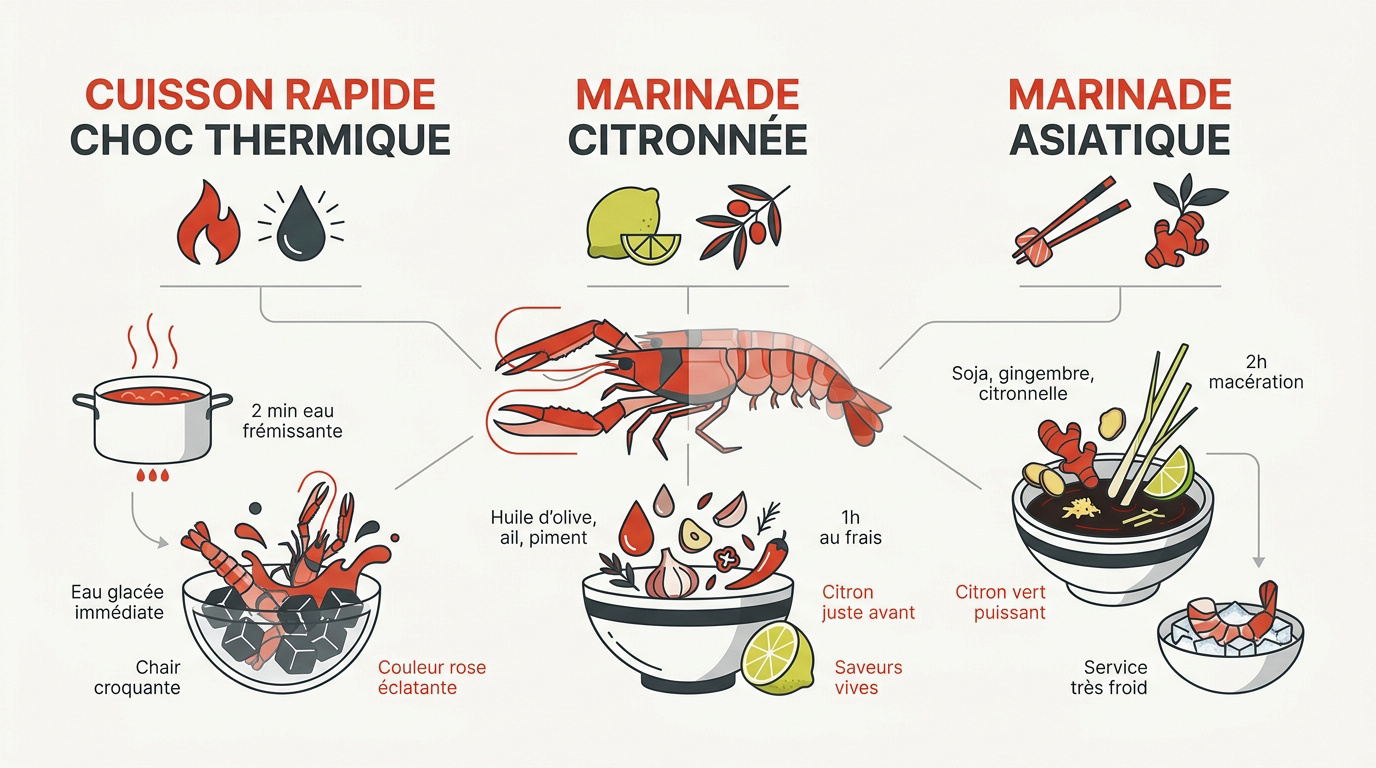 Préparation de crevettes fraîches marinées avec du citron et des herbes aromatiques