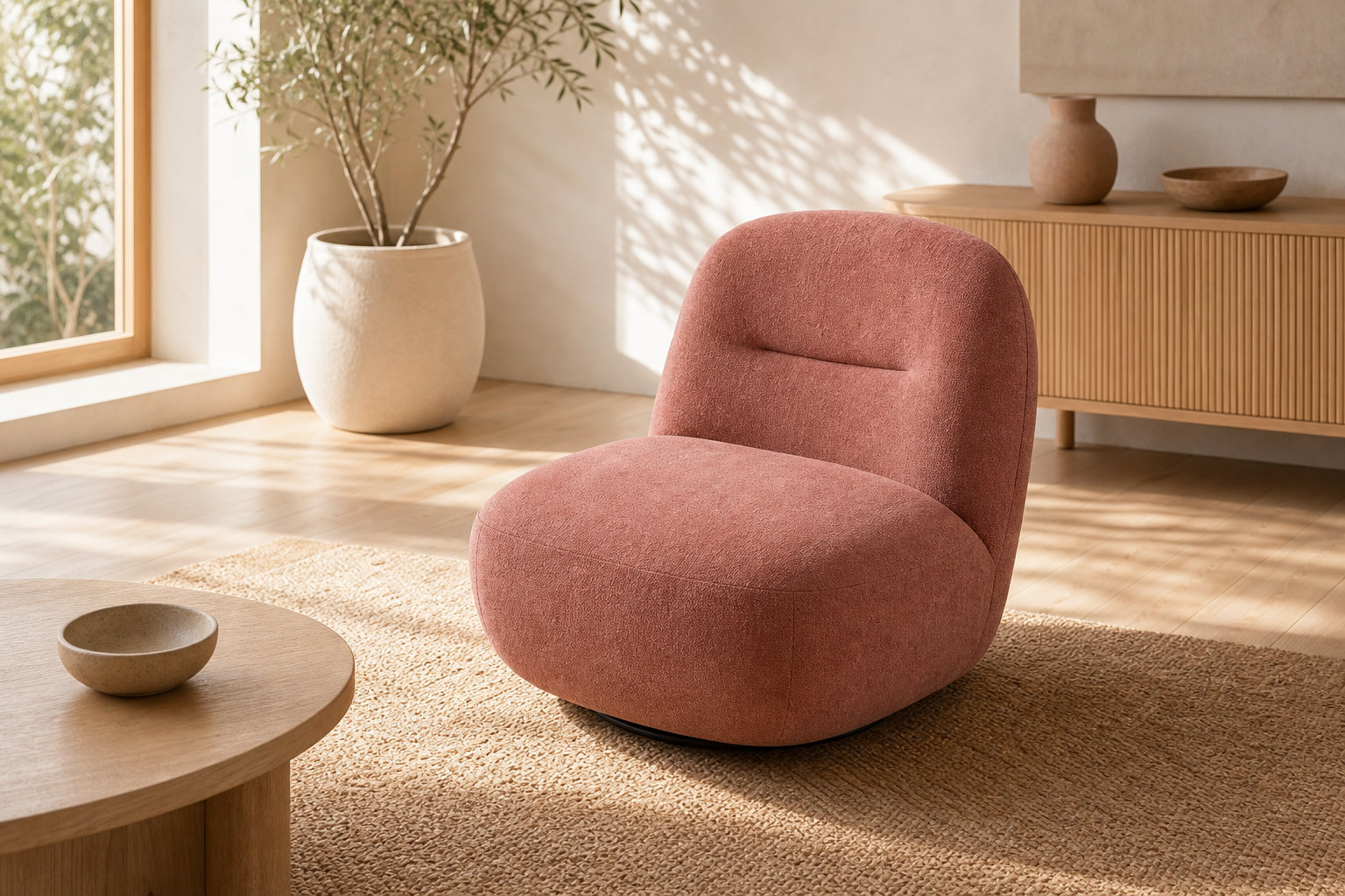 Fauteuil arrondi pivotant POZETI : l'audace du tissu texturé terracotta