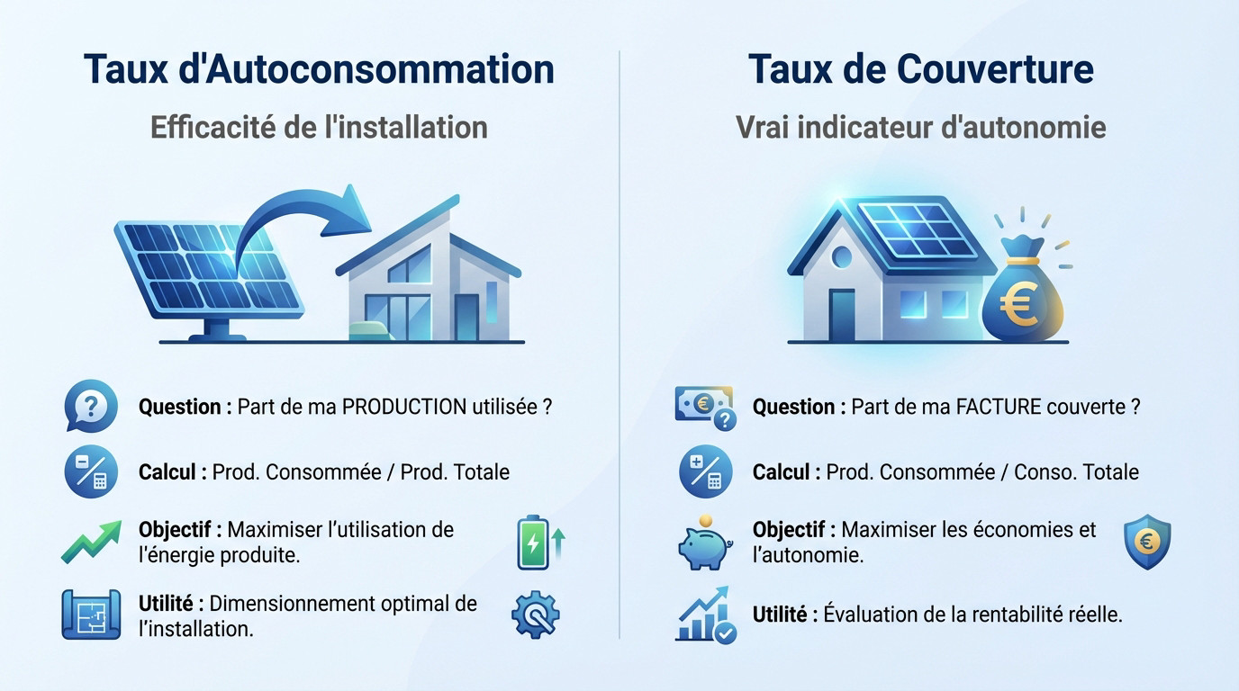 Infographie comparative entre le taux d'autoconsommation et le taux de couverture solaire
