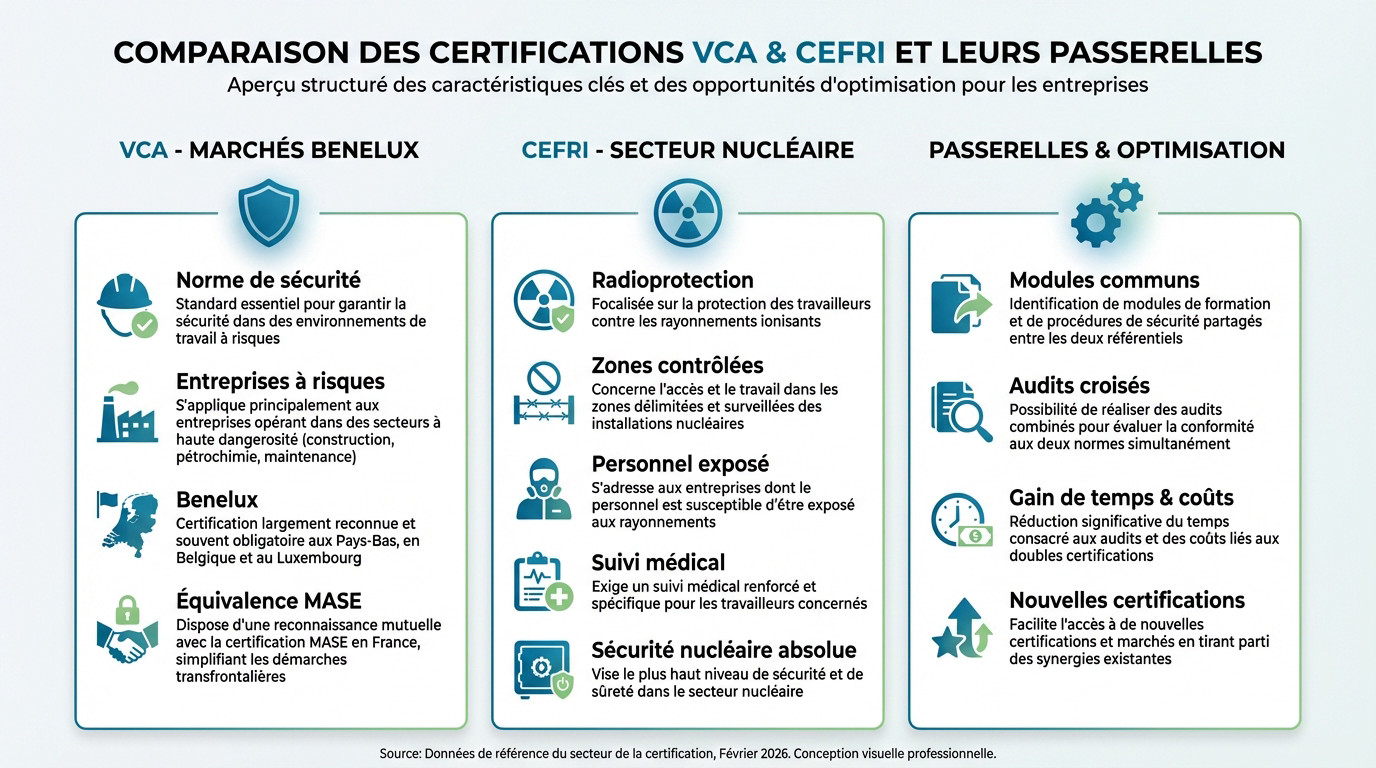 Tableau comparatif des certifications VCA et CEFRI avec leurs passerelles vers le MASE