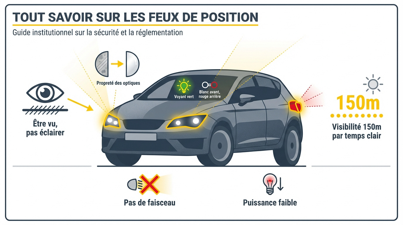 Voyant vert des veilleuses sur tableau de bord