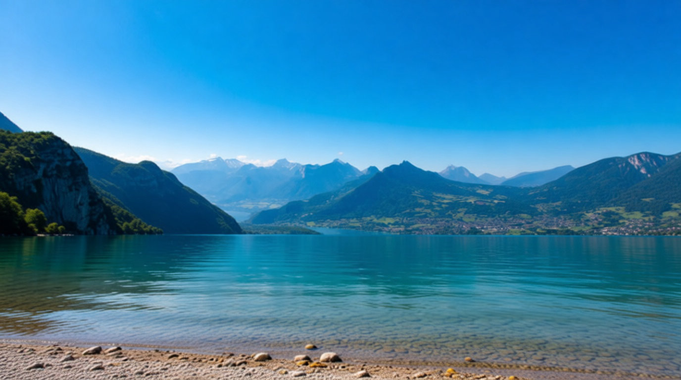 Vue panoramique du lac d'Annecy en été avec montagnes verdoyantes et ciel bleu