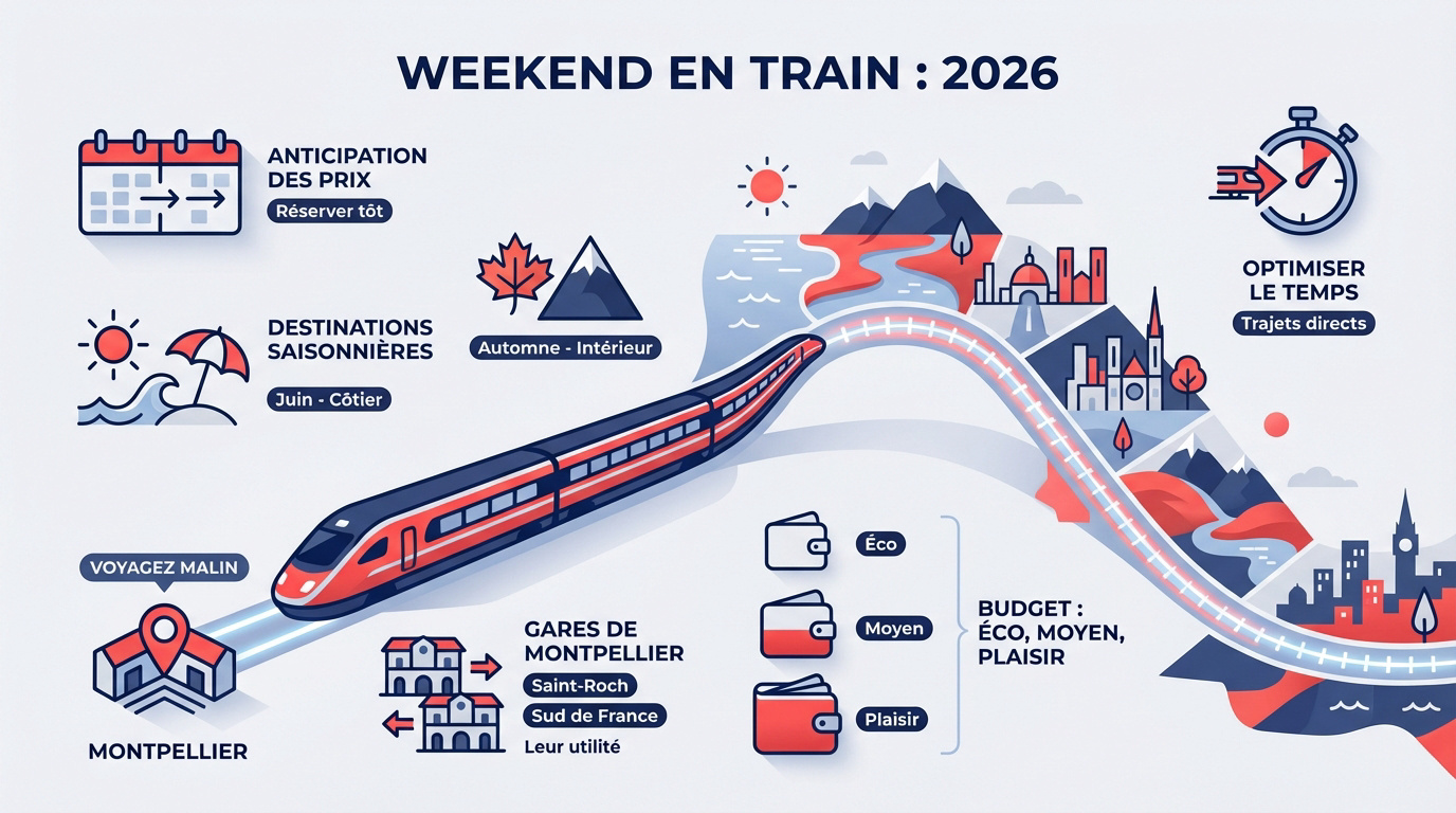 Voyageurs en gare de Montpellier consultant les destinations de weekend en train