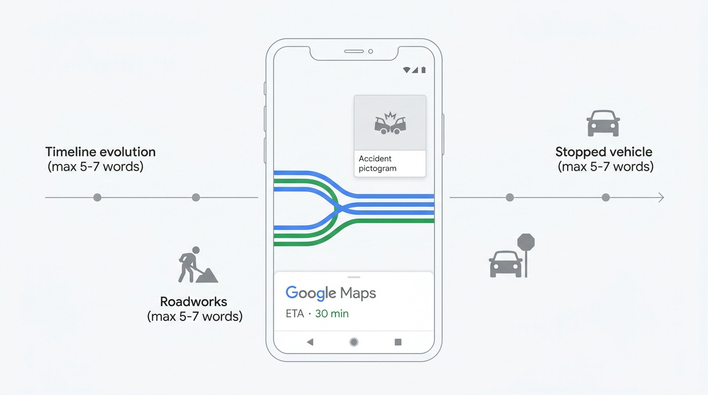Android Auto incident : Google Maps améliore son interface 4 Interface de navigation Android Auto avec alertes d'incidents discrètes