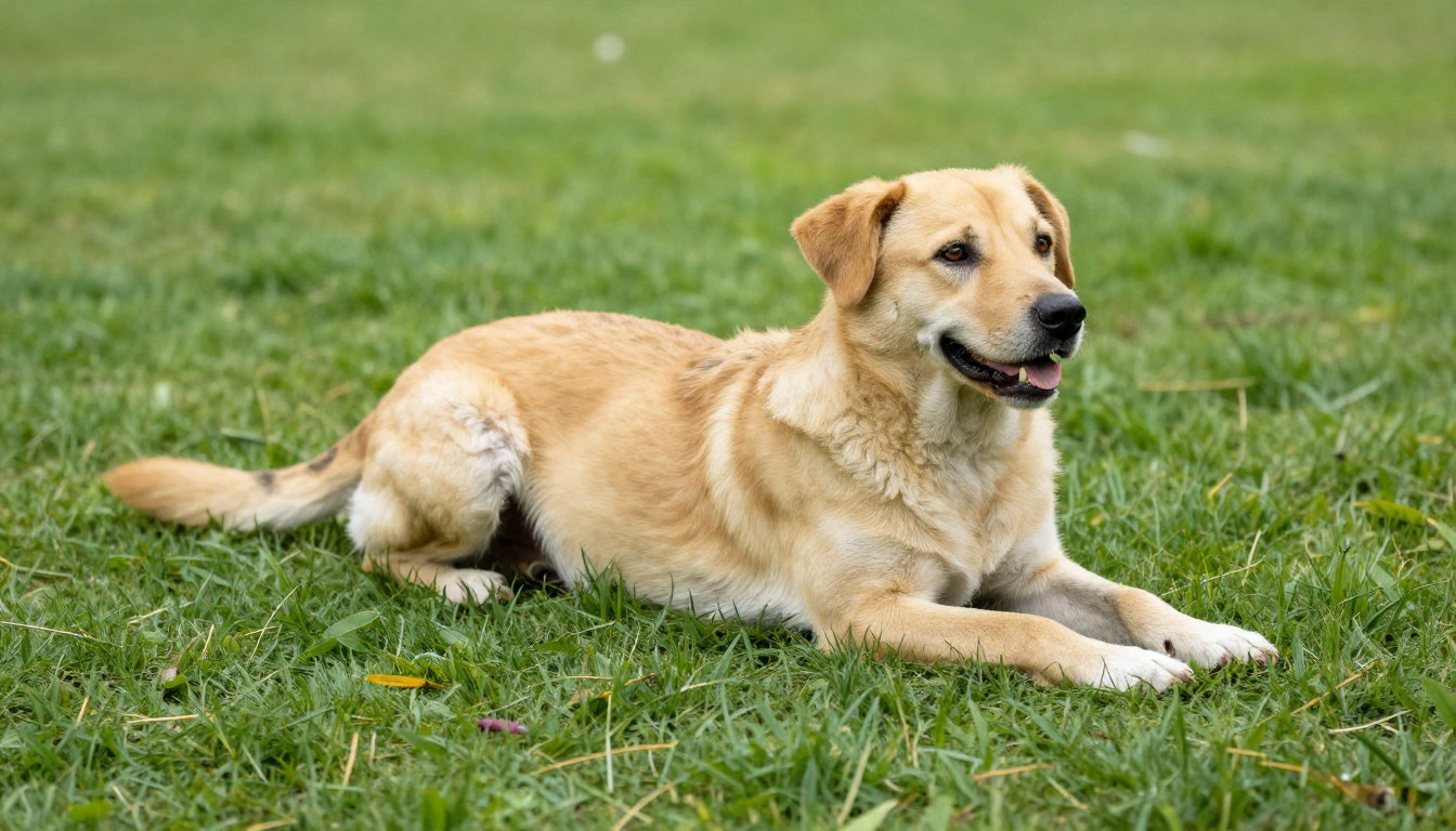 Chien beige couché sur l'herbe en position immobile, résultat du tour du mort bien appris