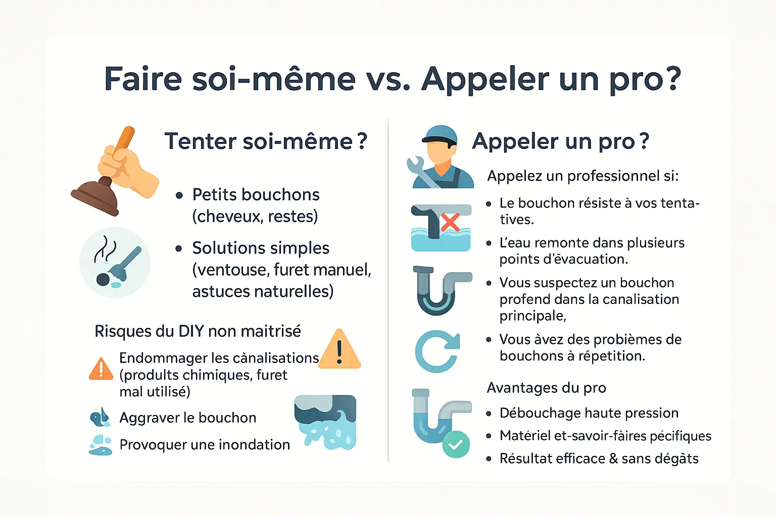 Comparaison entre le débouchage soi-même et l'intervention d'un professionnel