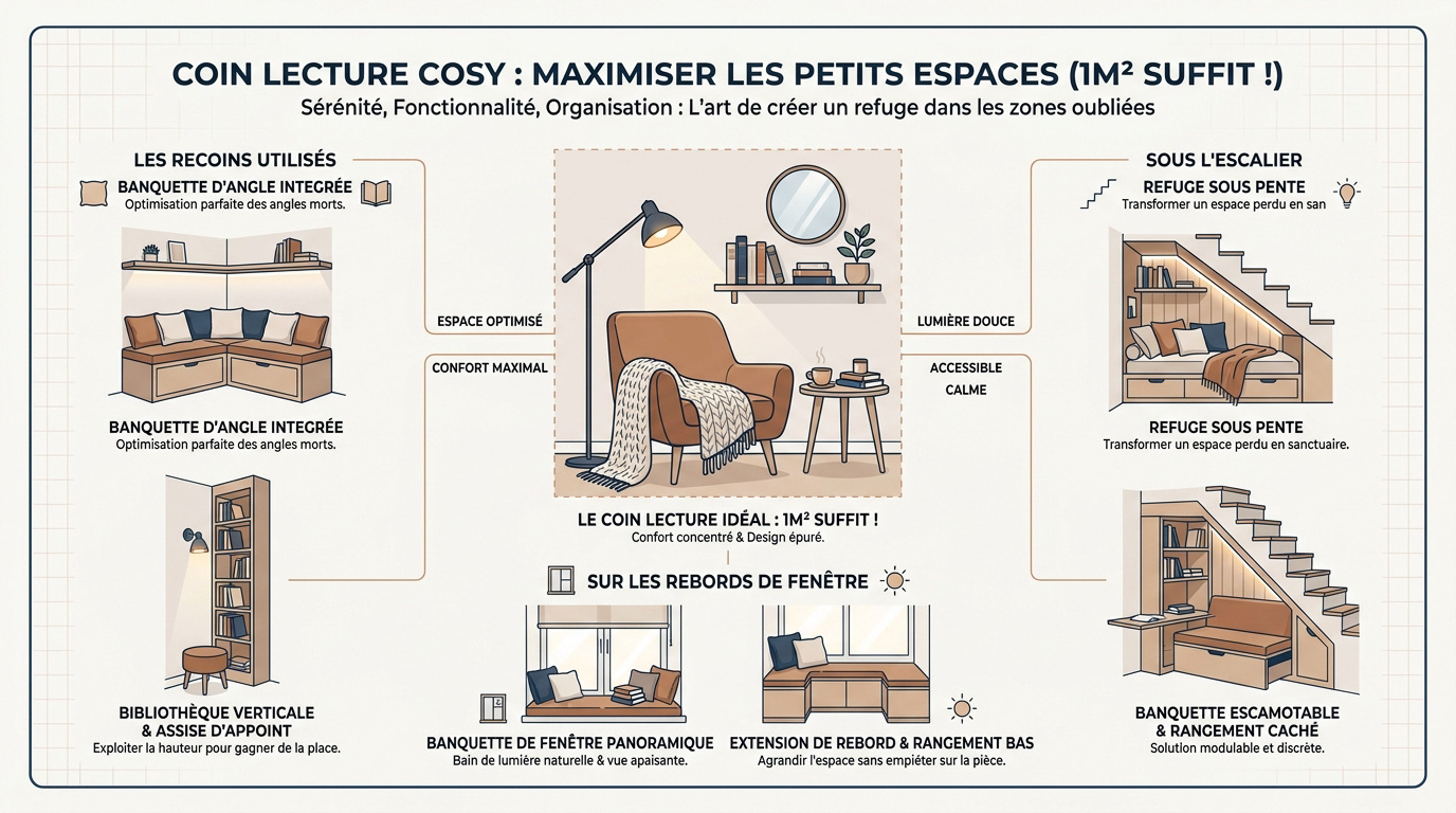 Aménagement d'un coin lecture cosy avec fauteuil et étagères dans un petit espace lumineux