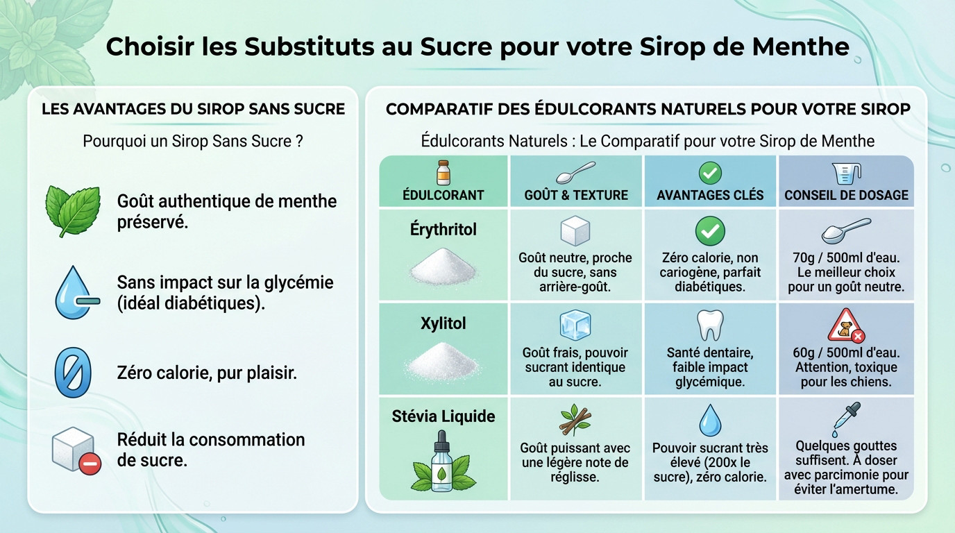 Différents édulcorants naturels comme l'érythritol et la stévia pour préparer un sirop de menthe maison