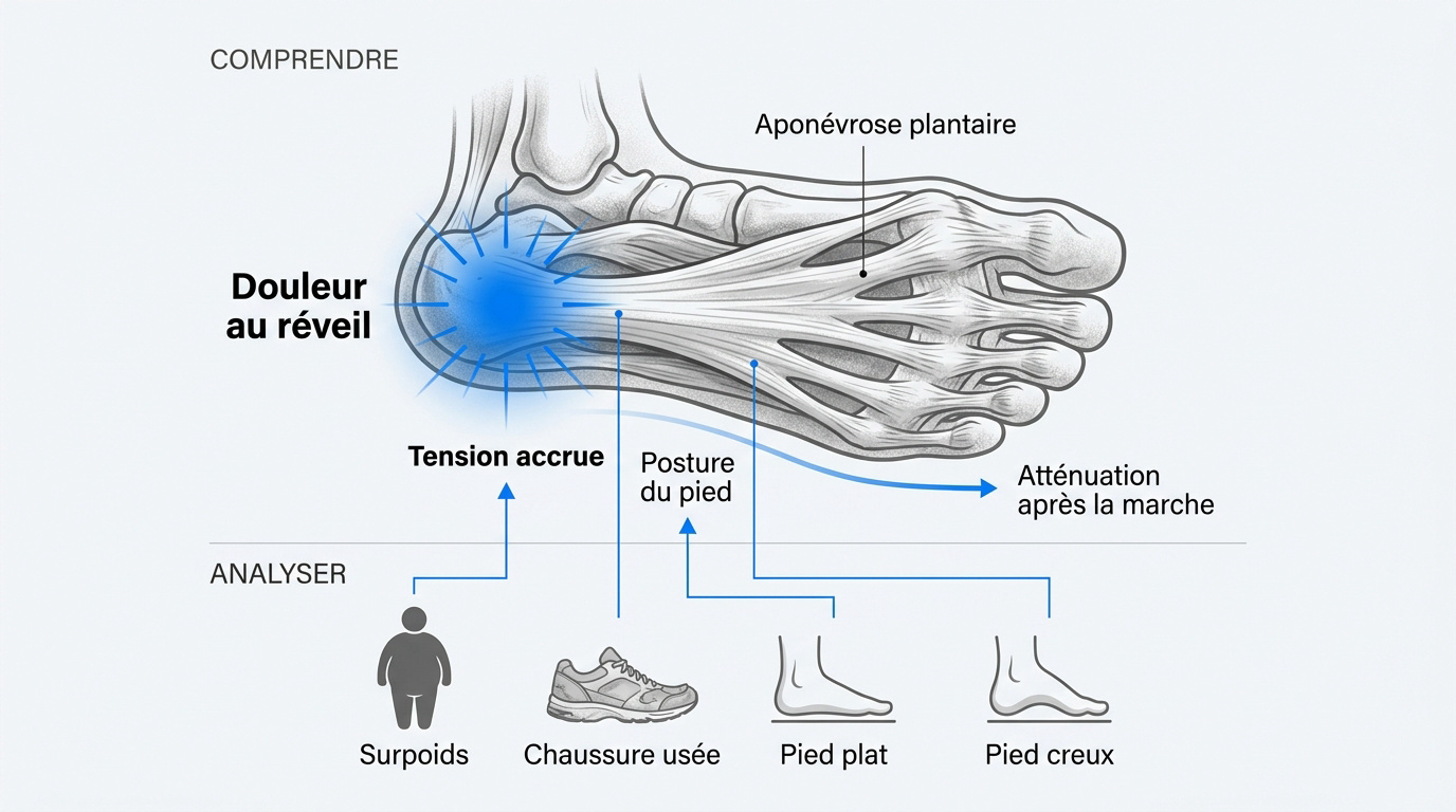 Fasciite plantaire : symptômes, traitement, chaussures adaptées Schéma anatomique de la fasciite plantaire montrant l'inflammation du fascia et les causes courantes