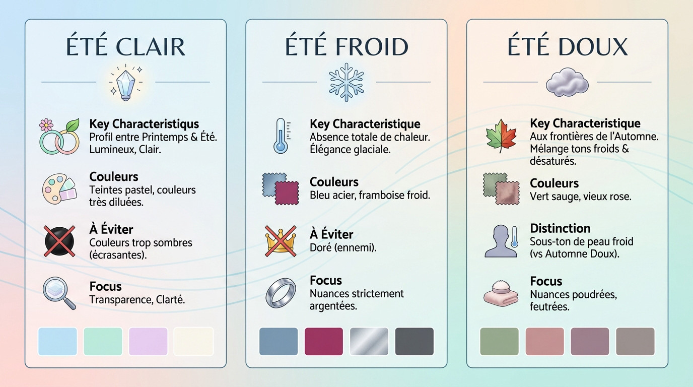 Infographie détaillant les trois sous-saisons de la colorimétrie été : été clair, été froid et été doux