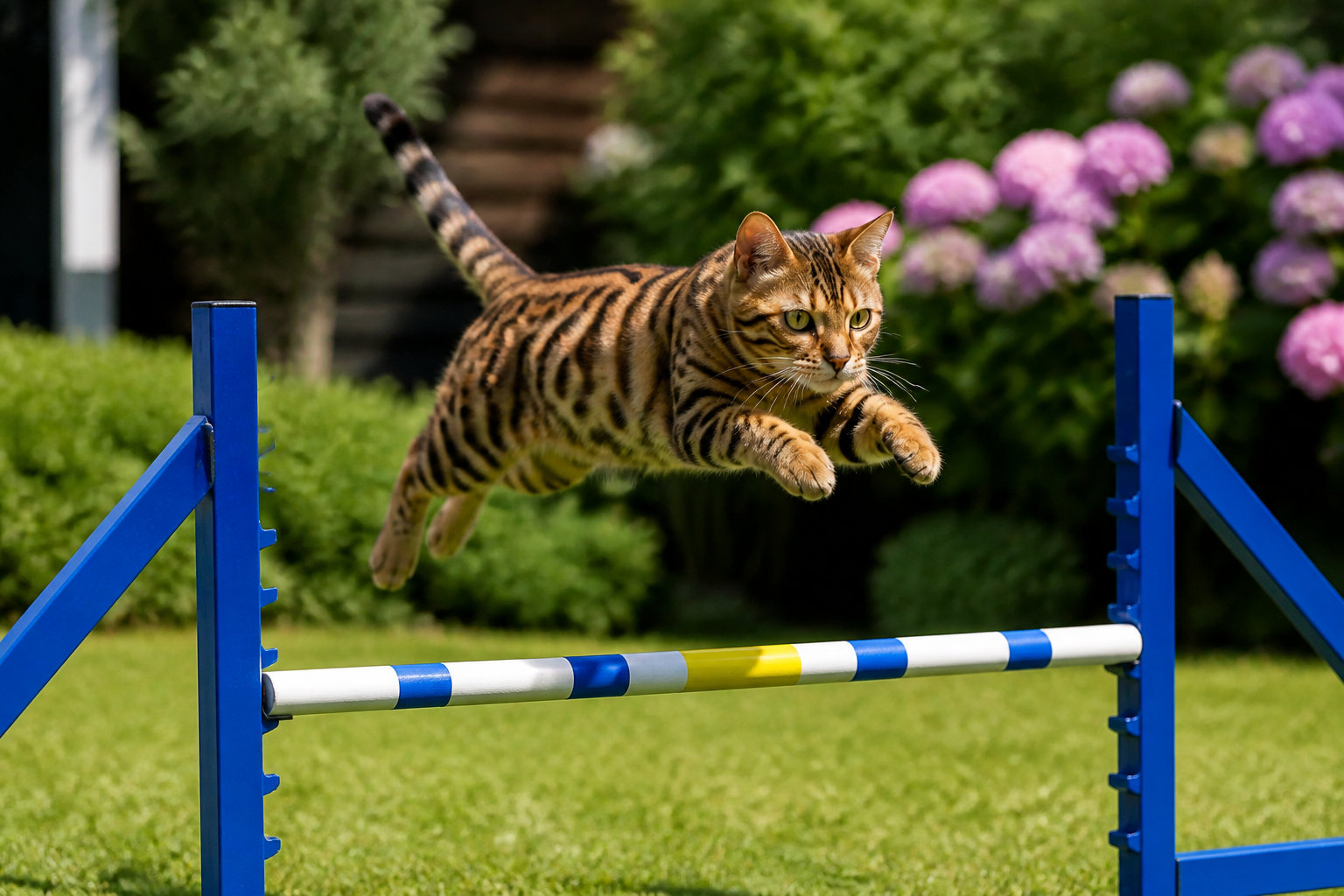 Chat Bengal sautant une haie d'agility en extérieur