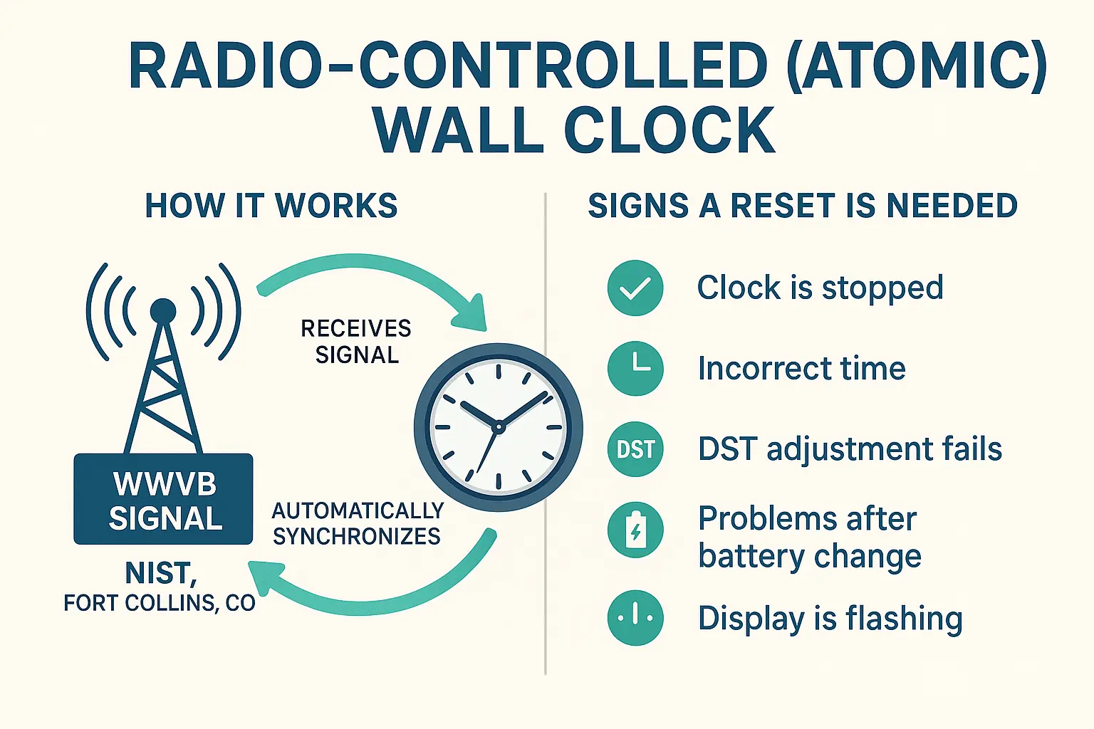 Atomic wall clock receiving WWVB signal from Fort Collins, Colorado