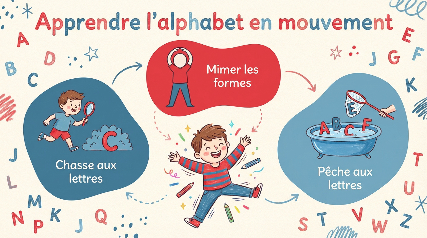 Enfant qui apprend l'alphabet en s'amusant et en bougeant