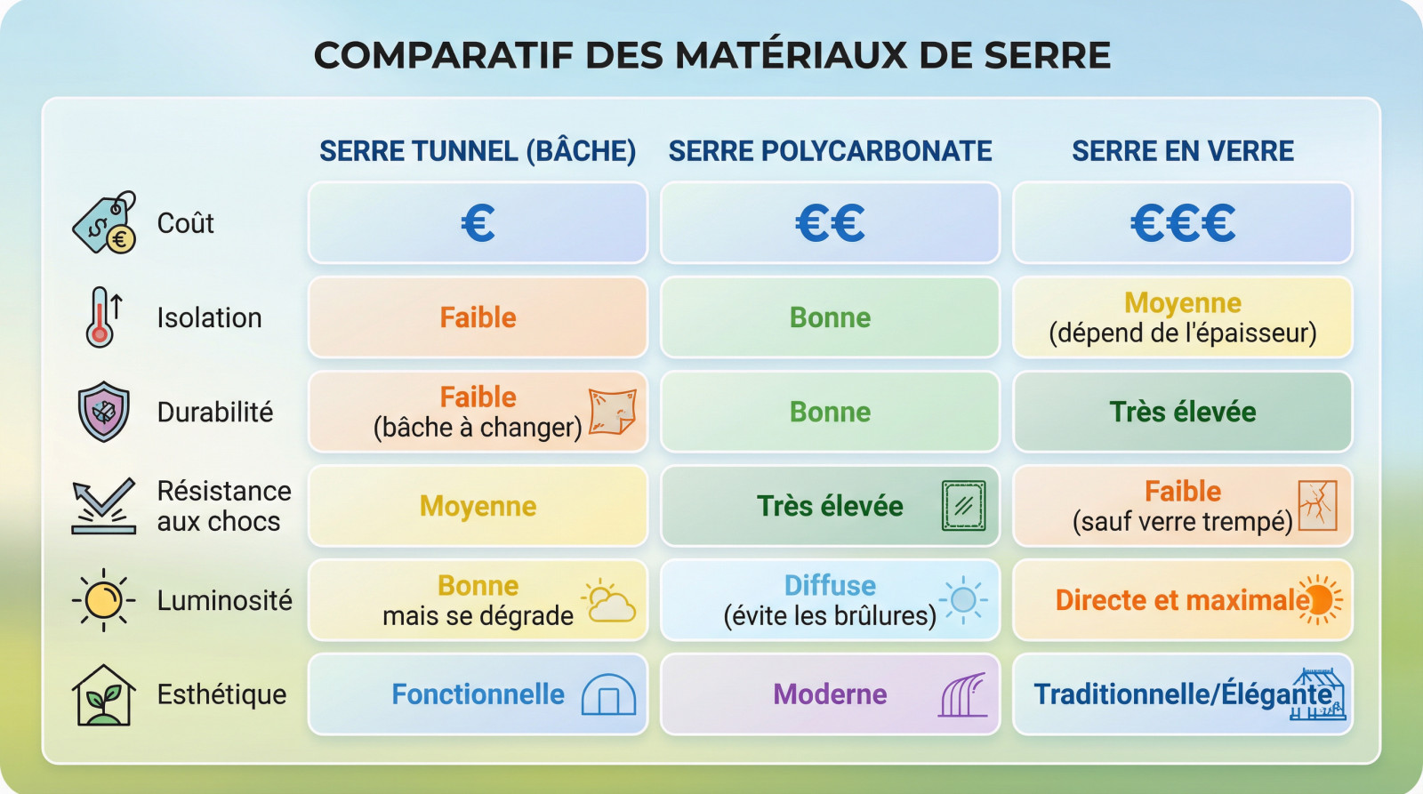 Tableau <strong>comparatif des matériaux de serre</strong> de jardin : tunnel, polycarbonate et verre