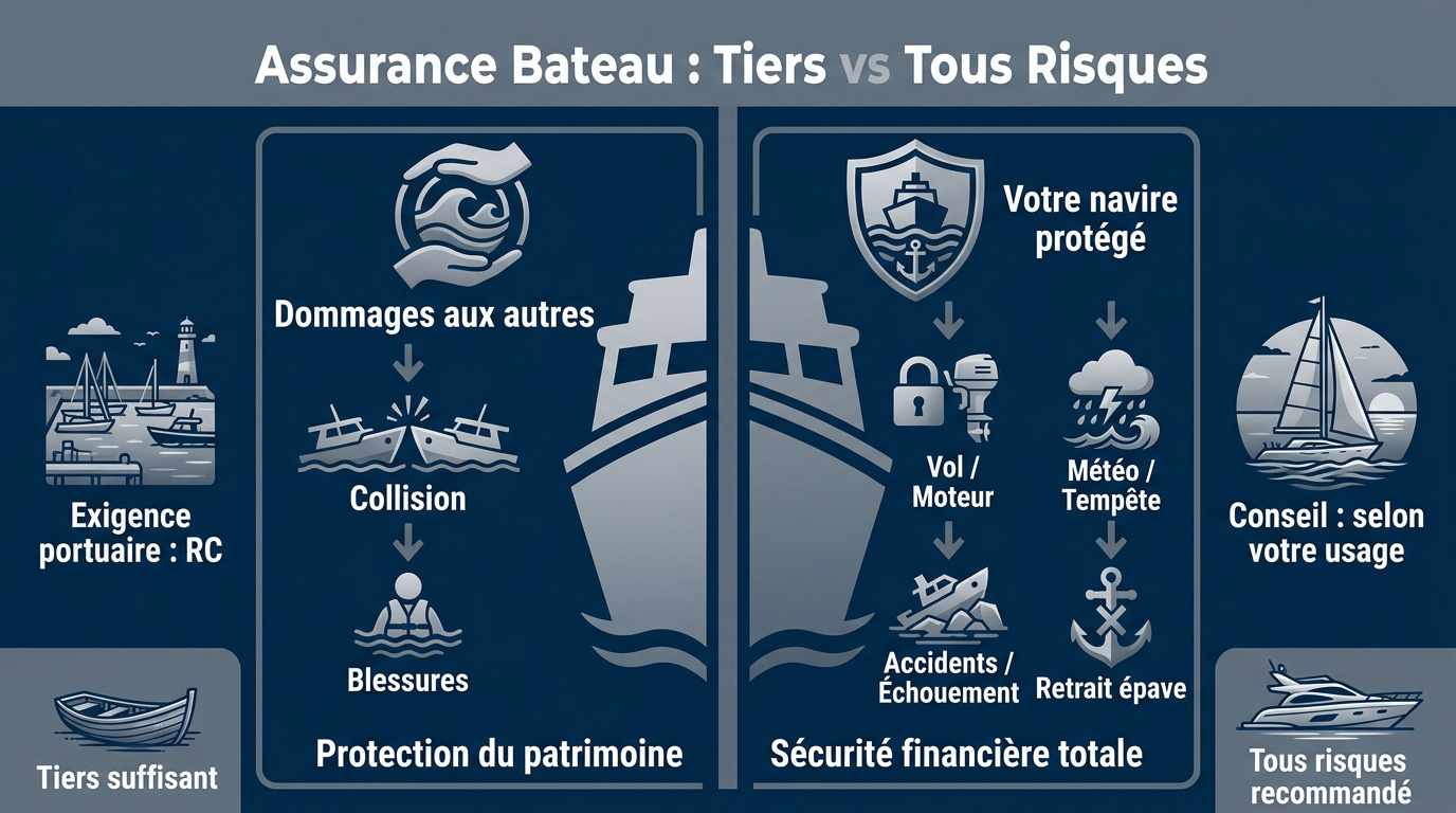 Comparaison visuelle entre une assurance bateau au tiers et une formule tous risques