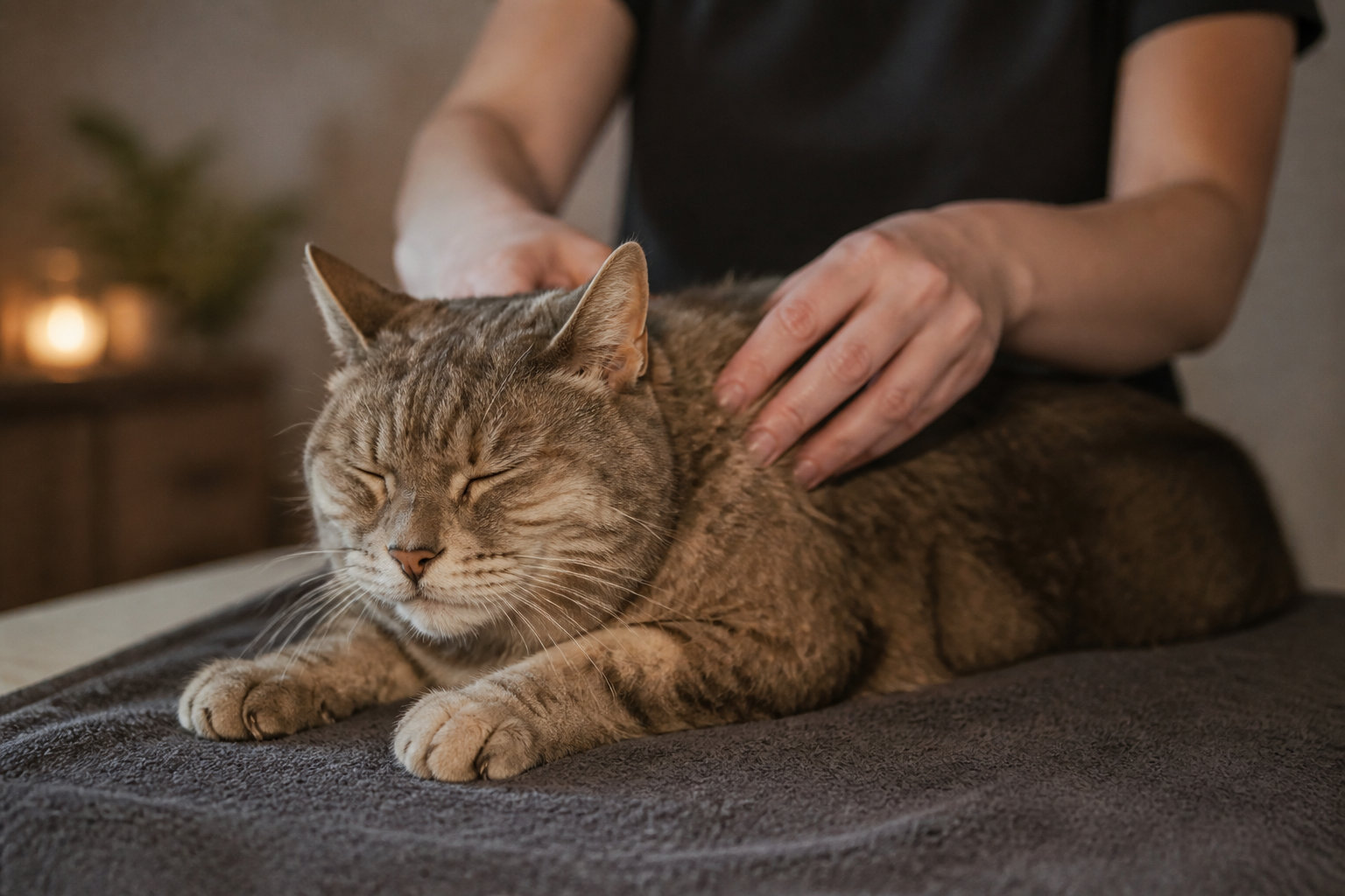 Massage d'un chat âgé aux gestes doux et adaptés à sa sensibilité
